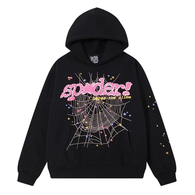 SP5DER Web Graphic Pullover Hoodie and Sweatpants Matching Set - Black / Pink Main Image
